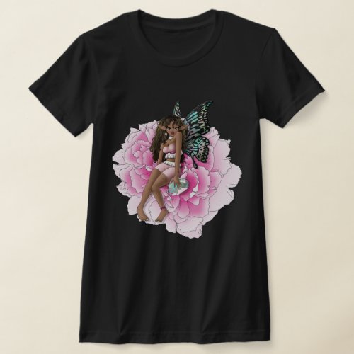 African American Fairy on Pink Flower T_Shirt