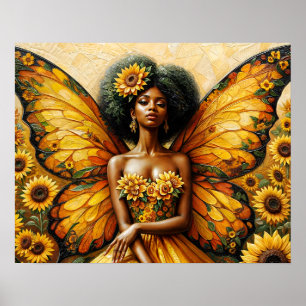 African American Fairy With Afro and Sunflower Art Poster