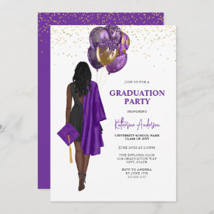 African American Female Purple Graduation Party Invitation