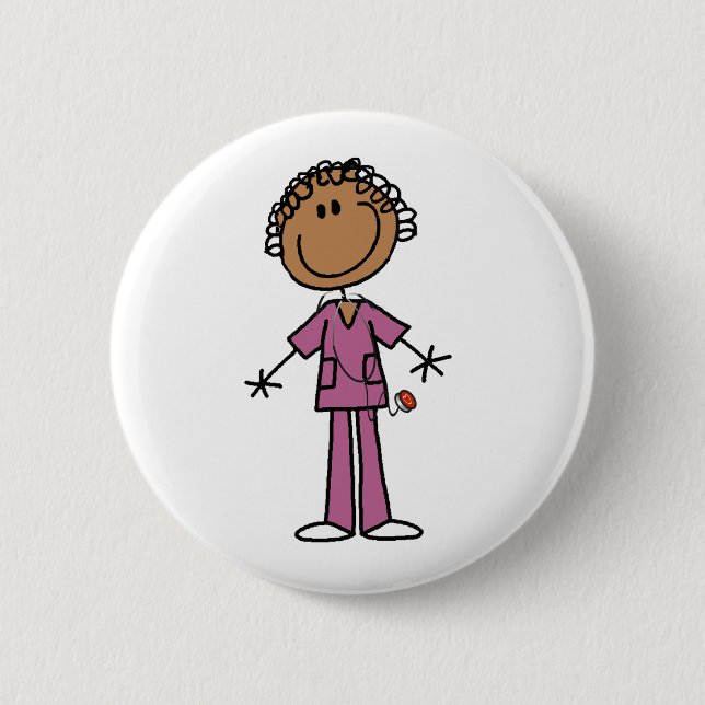 African American Female Stick Figure Nurse  Button (Front)