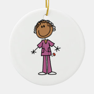 African American Female Stick Figure Nurse Ceramic Ornament
