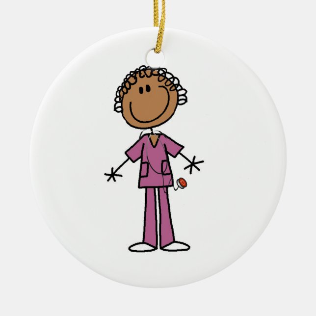 African American Female Stick Figure Nurse Ceramic Ornament (Front)