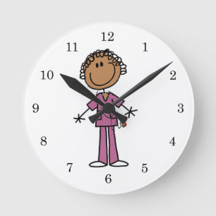 African American Female Stick Figure Nurse Round Clock