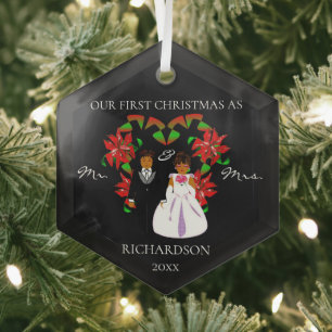 African American First Christmas as Mr & Mrs Glass Ornament