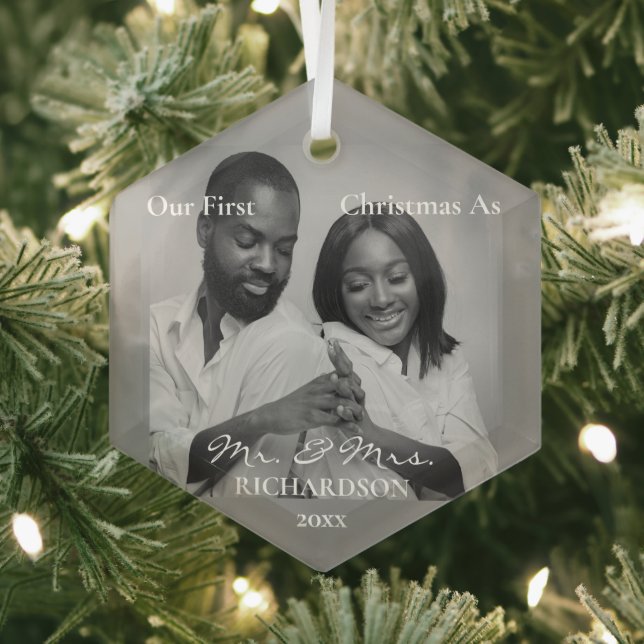 African American First Christmas as Mr & Mrs Photo Glass Ornament (Insitu)