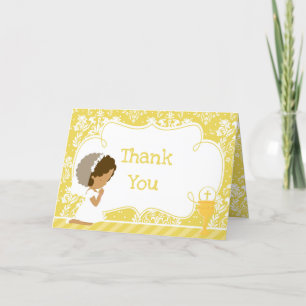 African American First Communion Damask Letterpress Thank You Card