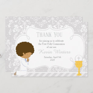 African American First Communion Damask Thank You Card
