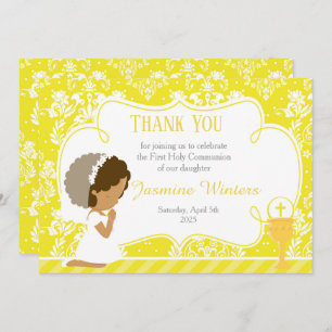 African American First Communion Damask Thank You Card