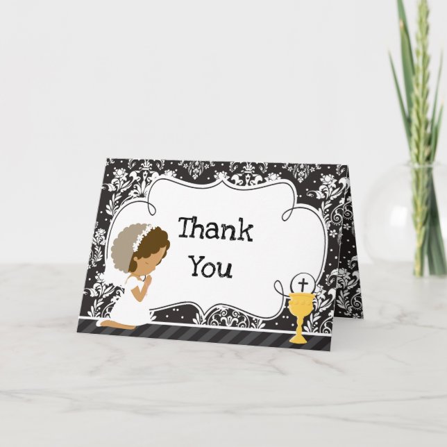 African American First Communion Damask Thank You Card (Front)