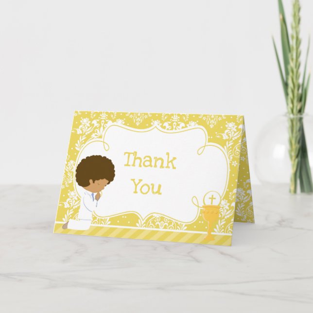 African American First Communion Damask Thank You Card (Front)