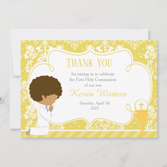 African American First Communion Damask Thank You Card (Front)