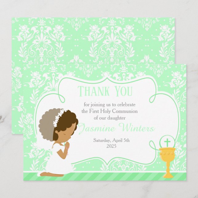 African American First Communion Damask Thank You Card (Front/Back)