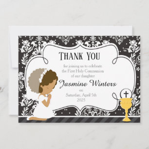 African American First Communion Damask Thank You Card