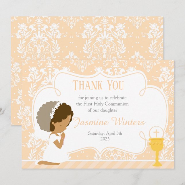 African American First Communion Damask Thank You Card (Front/Back)