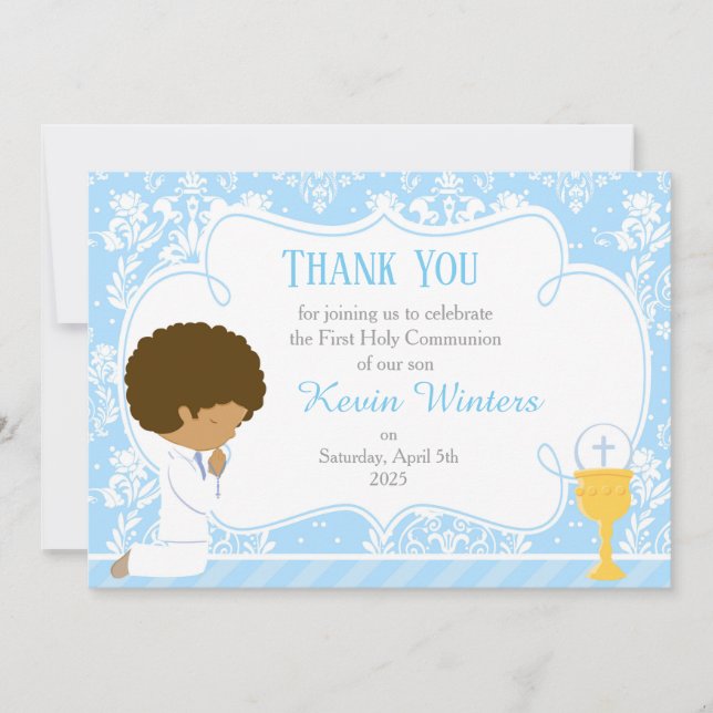 African American First Communion Damask Thank You Card (Front)