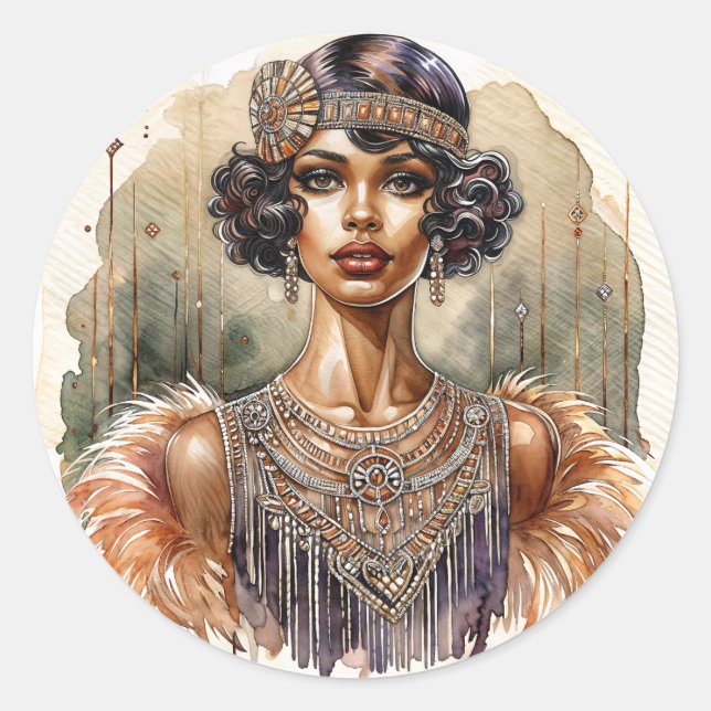 African American Flapper Art Deco Classic Round Sticker (Front)