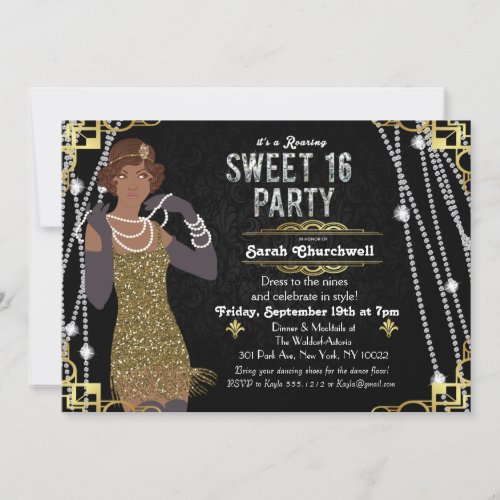 African American Flapper Sweet 16 Invitation - Celebrate like they did in the Swinging Twenties with our fabulous, Great Gatsby-inspired invitation. Whether you’re planning a bachelorette party or a birthday party, take your event back in time to the fabulous era of Art Deco and lavish living.