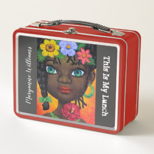 African American Girl Afro Floral Garland Add Name Metal Lunch Box
