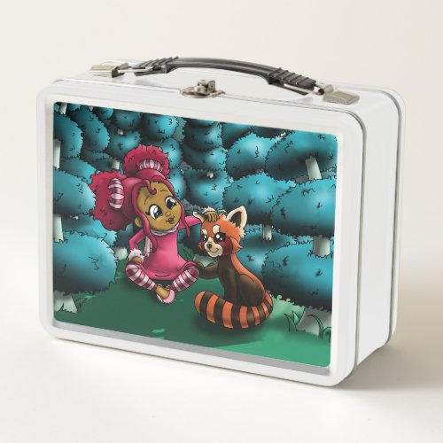 African American Girl and Red Panda Metal Lunch Box