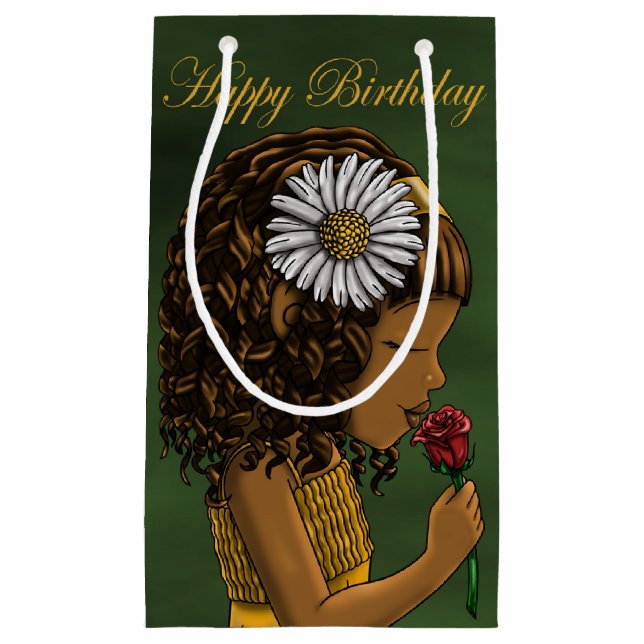 African American Girl and Rose Birthday Small Gift Bag (Front)