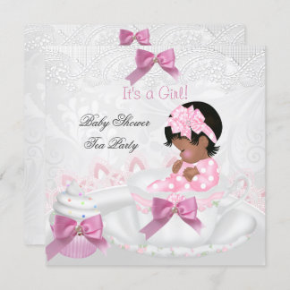 African American Girl Baby Shower Pink Baby Teacup Invitation