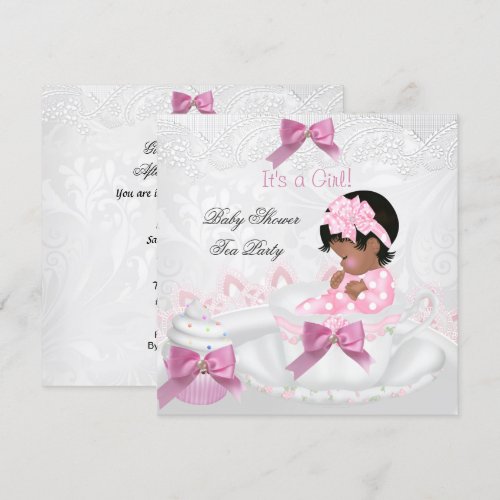 African American Girl Baby Shower Pink Baby Teacup Custom Invitations