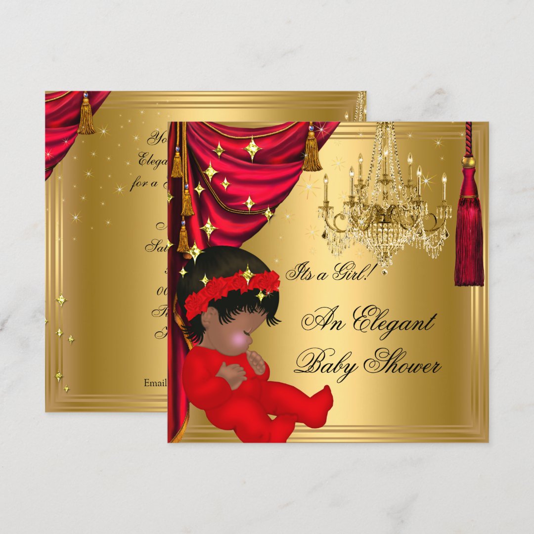 African American Girl Baby Shower Red Gold Invitation Zazzle