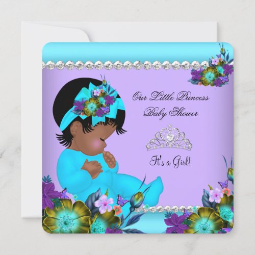 African American Girl Baby Shower Teal Purple Invitation