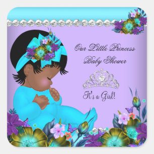 African American Girl Baby Shower Teal Purple Square Sticker