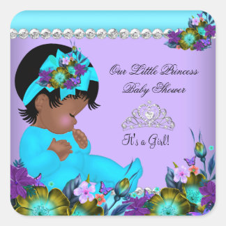 African American Girl Baby Shower Teal Purple Square Sticker