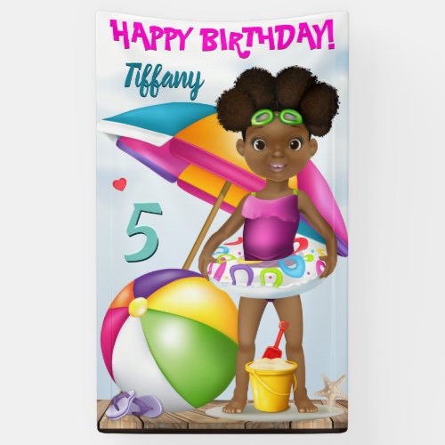 African American Girl Beach Birthday Banner