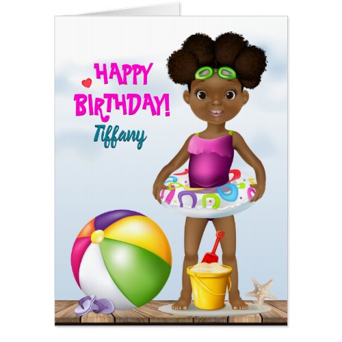 African American Girl Beach Birthday Card