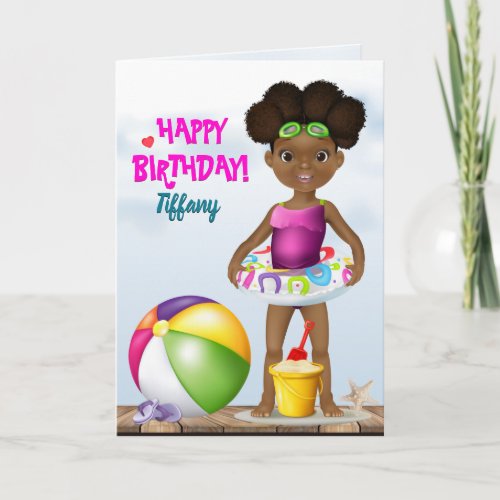 African American Girl Beach Birthday Card