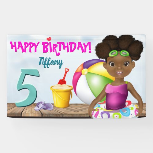 African American Girl Beach Birthday Party Banner