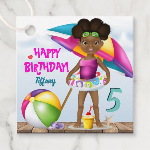 African American Girl Beach Birthday Party Favor Tags