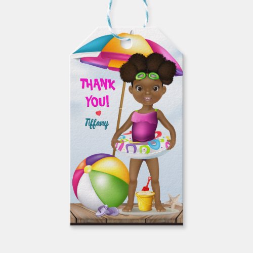 African American Girl Beach Birthday Thank You Gift Tags