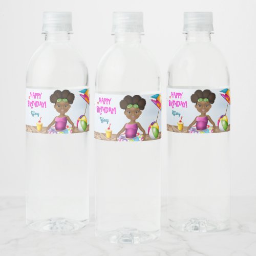 African American Girl Beach Birthday Water Bottle Label