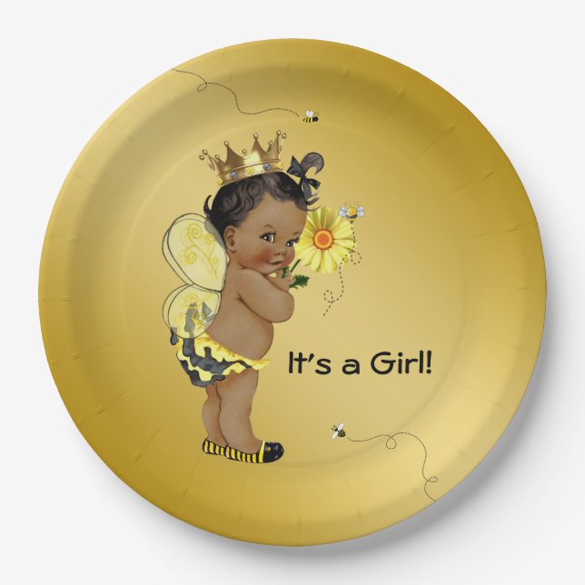 African American Girl Bee Baby Shower Paper Plates (Front)