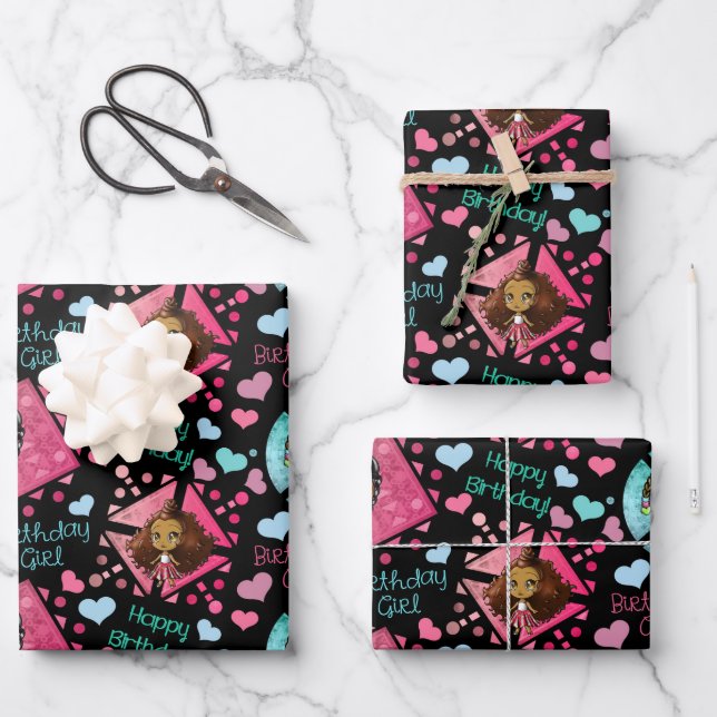 African American Girl Birthday Wrapping Paper Sheets (Front)