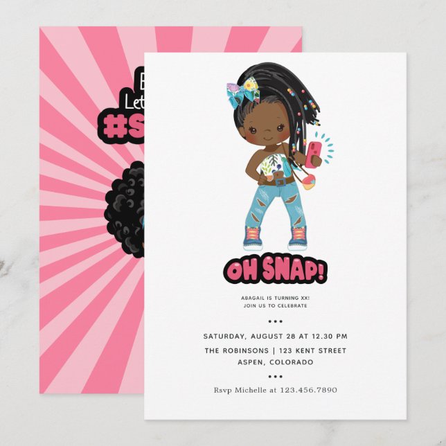 African American Girl Braids Selfie Birthday Invitation (Front/Back)