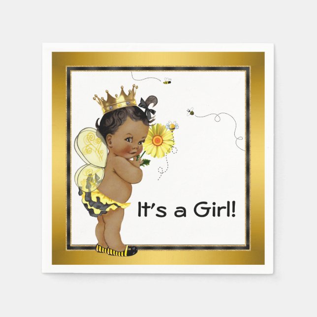 African American Girl Bumble Bee Baby Shower Paper Napkins (Front)