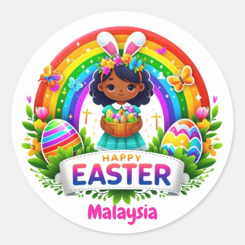 African American Girl Colorful Rainbow Easter  Classic Round Sticker