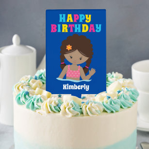 African American Girl Custom Pool Birthday Party Cake Topper