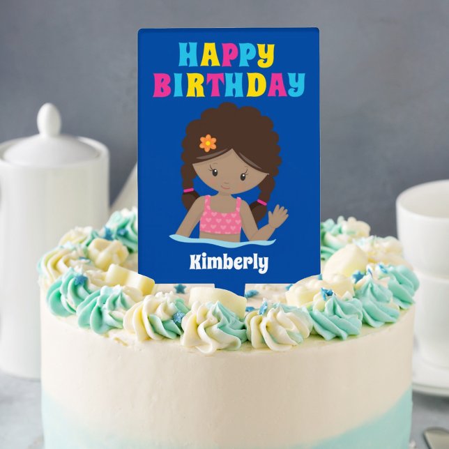 African American Girl Custom Pool Birthday Party Cake Topper (Creator Uploaded)