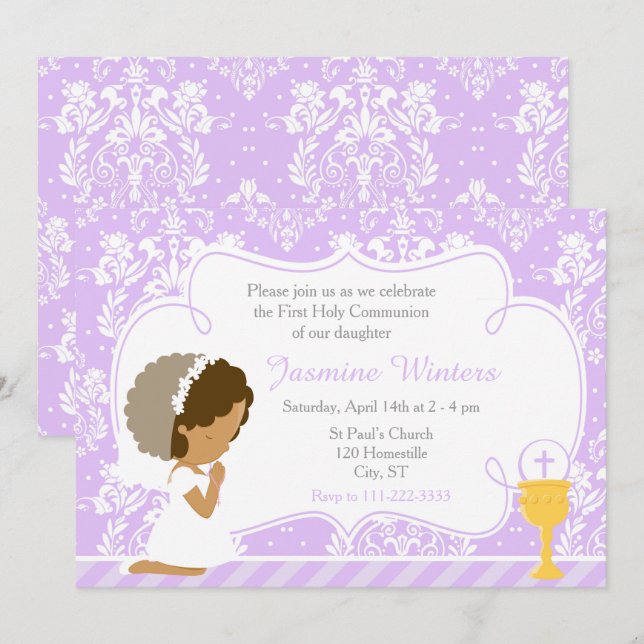 African American Girl First Communion Damask Invitation (Front/Back)