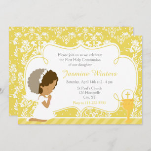 African American Girl First Communion Gold Damask Invitation