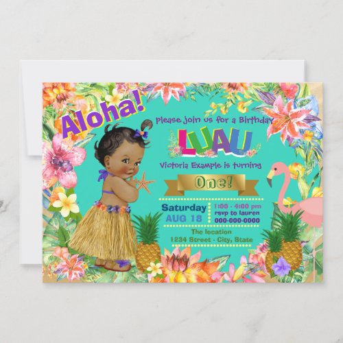 African American Girl Hawaiian Luau Birthday Party Invitation