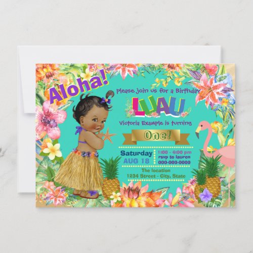 African American Girl Hawaiian Luau Birthday Party Invitation