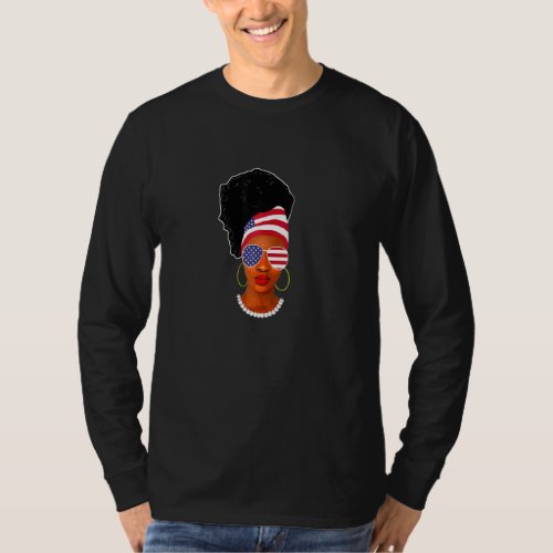 African American Girl In Sunglasses American Flag  T_Shirt