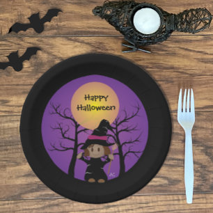 African-American Girl in Witch Costume Halloween Paper Plates